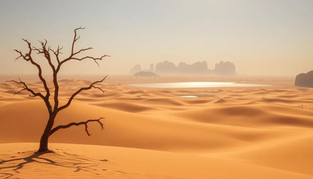 A vast expanse of golden sand dunes stretches as far as the eye can see, bathed in the warm glow of the desert sun. In the foreground, a lone, weathered acacia tree stands tall, its twisted branches casting delicate shadows across the undulating landscape. In the middle ground, a shimmering mirage hints at the presence of a hidden oasis, while the distant horizon is punctuated by the silhouettes of towering rock formations, their jagged peaks reaching up towards a cloudless, azure sky. The scene exudes a serene, timeless quality, capturing the essence of Qatar's magnificent Abu Dhalouf region.