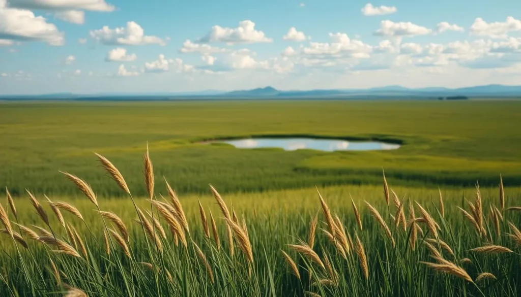 A vast expanse of lush, verdant Wulagai Grassland stretches out under a cerulean sky, dotted with fluffy white clouds. In the foreground, tall swaying grasses dance in the gentle breeze, their tips gilded by the warm afternoon sun. The middle ground reveals a tranquil pond, its glassy surface reflecting the surrounding landscape. In the distance, rolling hills and distant mountains form a hazy, ethereal backdrop, creating a sense of depth and serenity. The scene is bathed in a soft, diffused lighting, capturing the natural beauty and peaceful atmosphere of this remote grassland paradise.