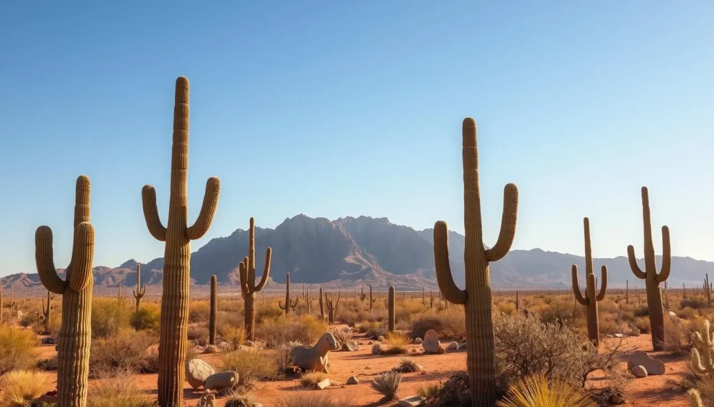 A vast expanse of ochre-hued earth stretches beneath a cloudless azure sky, dotted with the sculptural silhouettes of towering saguaro cacti. In the middle ground, a rugged mountain range rises, its jagged peaks etched against the horizon. Warm, golden light filters through the arid atmosphere, casting long shadows and accentuating the weathered, textured surfaces of the desert flora. The scene exudes a sense of tranquility and timelessness, inviting the viewer to immerse themselves in the serene beauty of the Sonoran Desert landscape.