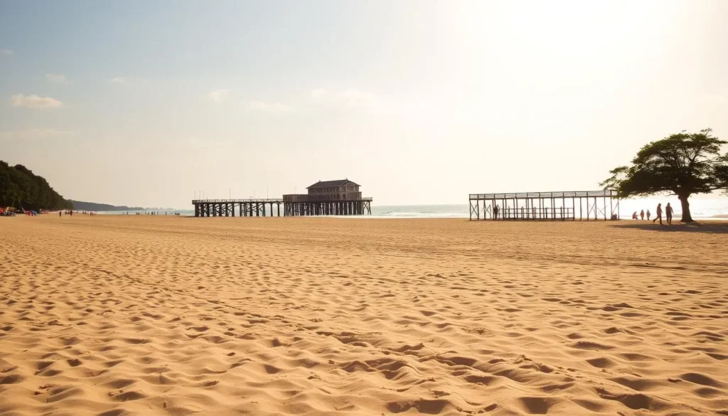 A vast expanse of pristine, golden sand stretches out under a warm, sun-dappled sky. Gentle waves lap at the shore, their rhythmic motion inviting exploration. In the distance, a historic wooden pier juts out into the glistening waters of the Atlantic, its weathered planks a testament to the passage of time. Beachgoers stroll leisurely, enjoying the salty breeze and the tranquil atmosphere. Lush, verdant trees line the boardwalk, providing a natural canopy and a picturesque backdrop to this quintessential New England seaside scene. The overall mood is one of relaxation and timeless coastal charm.
