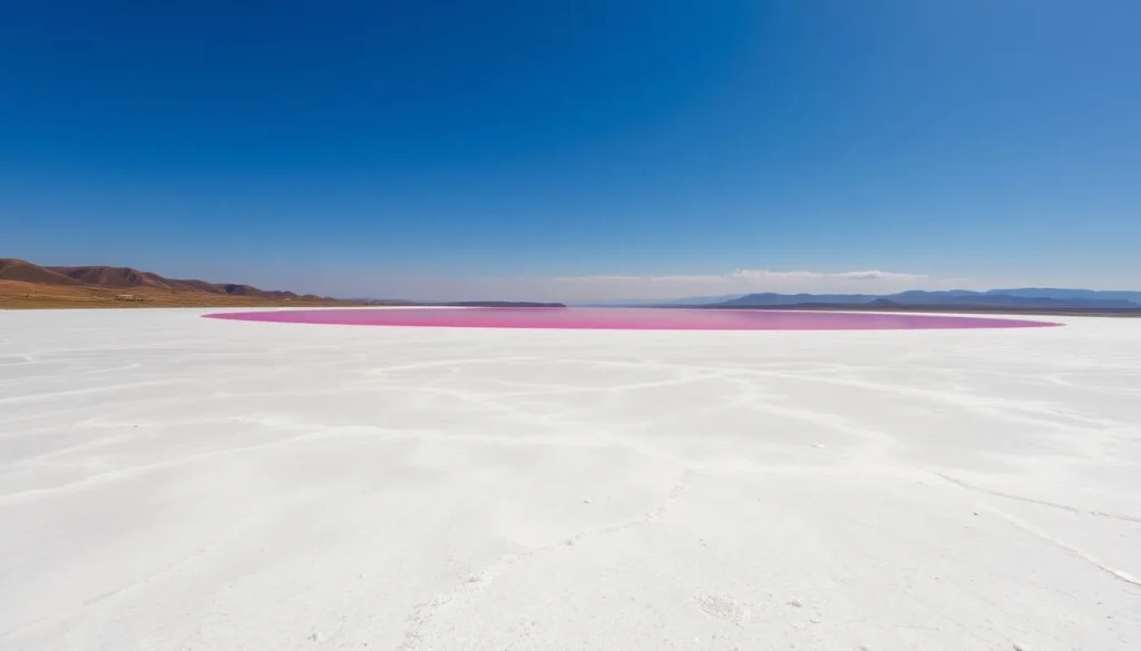 A vast expanse of pristine, white salt pans stretches out under a bright, cloudless sky. Crystalline structures glisten in the warm sunlight, creating a mesmerizing, almost otherworldly landscape. In the distance, a vibrant, pink-hued lake reflects the tranquil, azure heavens above. Gently rolling hills frame the scene, their slopes dotted with sparse, hardy vegetation. The overall atmosphere exudes a sense of serene, natural beauty, inviting the viewer to immerse themselves in the captivating, minimalist splendor of this unique, coastal environment.