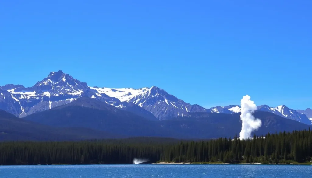 A vast expanse of rugged, snow-capped mountains rises majestically against a clear azure sky. In the foreground, a serene alpine lake reflects the surrounding peaks, its crystalline waters shimmering in the warm sunlight. Lush, verdant forests hug the shoreline, their towering evergreens casting dappled shadows on the landscape. In the distance, a geyser erupts, sending a column of steam and water high into the air, a testament to the volcanic activity that has shaped this remarkable natural wonder. The scene exudes a sense of tranquility and awe, inviting the viewer to immerse themselves in the breathtaking beauty of Yellowstone National Park.