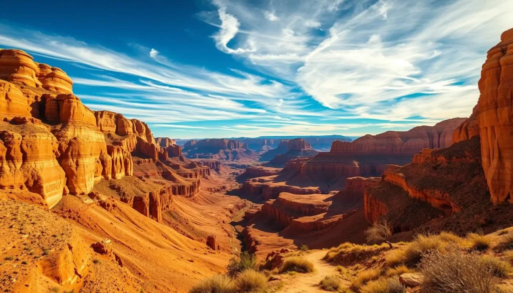 A vast expanse of rugged, sun-drenched canyons stretches out before the viewer. Towering sandstone walls, carved by wind and water over millennia, rise up on either side, casting dramatic shadows across the arid landscape. In the foreground, a winding path meanders through the canyon, inviting the explorer to venture deeper into this ancient, untamed realm. The sky above is a brilliant azure, with wispy clouds drifting lazily overhead, lending a sense of tranquility and timelessness to the scene. The warm, golden light bathes the entire tableau, creating a captivating interplay of light and shadow that accentuates the rugged beauty of the desert canyons.