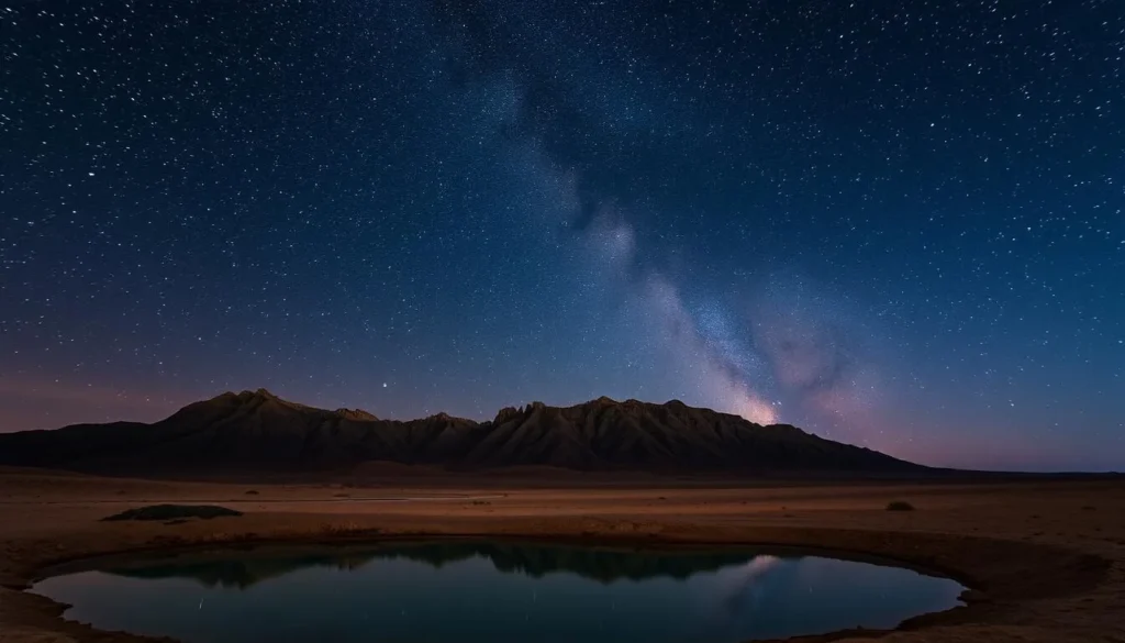 A vast expanse of the Negev Desert at night, with a breathtaking display of stars in the sky. In the foreground, a serene oasis with a tranquil pond reflecting the celestial spectacle above. Rugged, rocky hills rise in the middle ground, their silhouettes standing in contrast to the vibrant, twinkling heavens. The scene is bathed in a soft, ethereal glow, creating a captivating and peaceful atmosphere. Captured with a wide-angle lens to showcase the grand scale of the desert landscape under the star-filled sky.