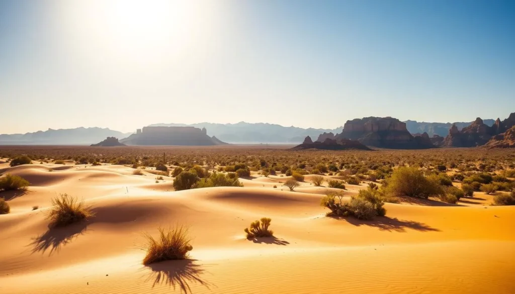 A vast, expansive Sonoran desert landscape under a warm, golden afternoon sun. In the foreground, undulating sand dunes dotted with hardy desert shrubs and cacti casting long, dramatic shadows. The middle ground features weathered rock formations and mesas, their rugged textures and hues of ochre, sienna, and terracotta. Distant mountains rise majestically against a cloudless azure sky, their serrated peaks silhouetted by the bright, diffused light. An atmosphere of tranquility and timeless, rugged beauty pervades the scene.