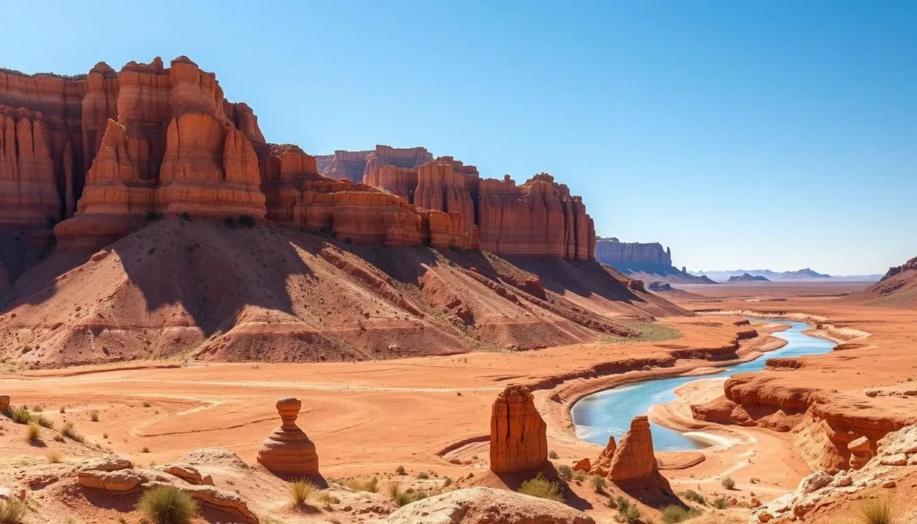 A vast, expansive badlands landscape, sculpted by time and the elements, stretches out before the viewer. Towering, eroded rock formations in shades of ochre, rust, and tawny hues rise majestically against a clear, azure sky. Sparse vegetation clings to the rugged terrain, adding pops of green to the scene. In the middle ground, a winding river meanders through the parched land, its glimmering surface reflecting the warm, natural light. The foreground is dotted with intriguing geological formations, hinting at the ancient secrets buried beneath the surface. An air of tranquility and wonder pervades the scene, inviting the viewer to imagine the prehistoric creatures that once roamed this remarkable UNESCO World Heritage Site.