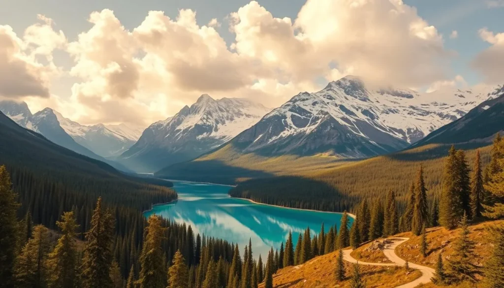 A vast, majestic landscape of the Canadian Rockies, Banff National Park's breathtaking scenery unfolds before the viewer. In the foreground, a crystalline alpine lake reflects the towering, snow-capped peaks that rise dramatically in the background. Lush evergreen forests cover the rolling hills, with a winding trail inviting exploration. Warm, golden sunlight filters through fluffy clouds, casting a serene, tranquil atmosphere over the entire scene. Capture the grandeur and natural beauty of this iconic Canadian destination, a true showcase of the region's awe-inspiring wilderness.