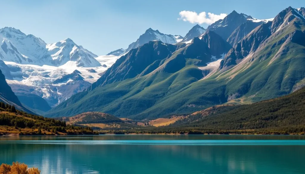 A vast, majestic landscape of towering mountains, pristine glaciers, and tranquil lakes. In the foreground, a crystal-clear turquoise lake reflects the snow-capped peaks of the Andes, their jagged silhouettes mirrored in the still waters. In the middle ground, lush, verdant forests and rolling hills provide a rich, textured backdrop, with sunlight filtering through the canopy, casting a warm, golden glow. The background is dominated by the towering, rugged mountains, their rugged, craggy faces sculpted by time and the elements. The scene conveys a sense of awe-inspiring natural beauty, evoking the majesty and wonder of Patagonia, Argentina's premier national park.