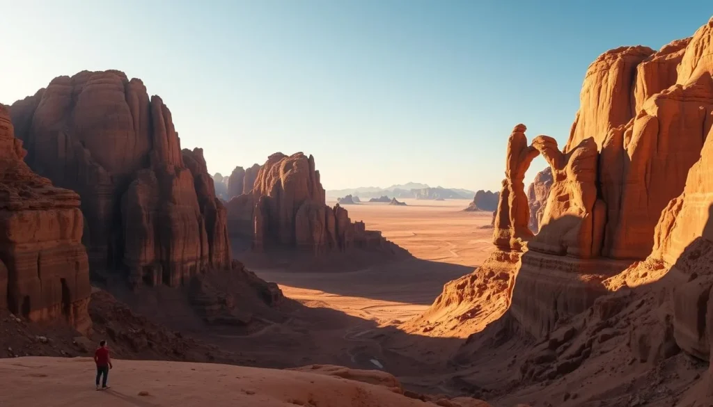 A vast, majestic landscape of towering sandstone formations in Wadi Rum, Jordan. Rugged, wind-carved cliffs and natural arches rise dramatically against a clear, azure sky. Warm, golden light bathes the scene, casting dramatic shadows that accentuate the sculptural contours of the rock. In the foreground, a lone figure stands in awe, dwarfed by the ancient, weathered monoliths that surround them. The middle ground features a network of winding paths and canyons, inviting exploration. In the distance, the horizon is dotted with more distant peaks, creating a sense of depth and grandeur. An atmosphere of timeless, serene tranquility pervades the scene.