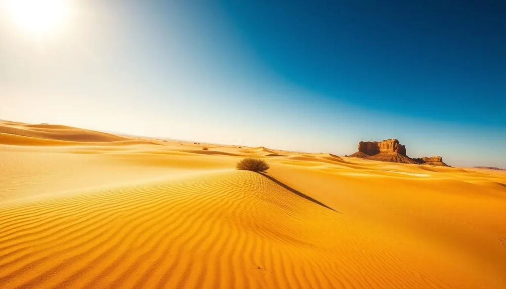 A vast, otherworldly desert landscape under a brilliant azure sky. Undulating dunes of golden sand stretch out to the horizon, interrupted by the occasional wind-sculpted rock formation. In the middle distance, a lone desert shrub sways gently in the warm breeze. The sun casts long, dramatic shadows across the scene, imbuing the whole vista with a sense of tranquil solitude. The image is captured through a wide-angle lens, conveying the immense scale and grandeur of this remote, natural wonder.