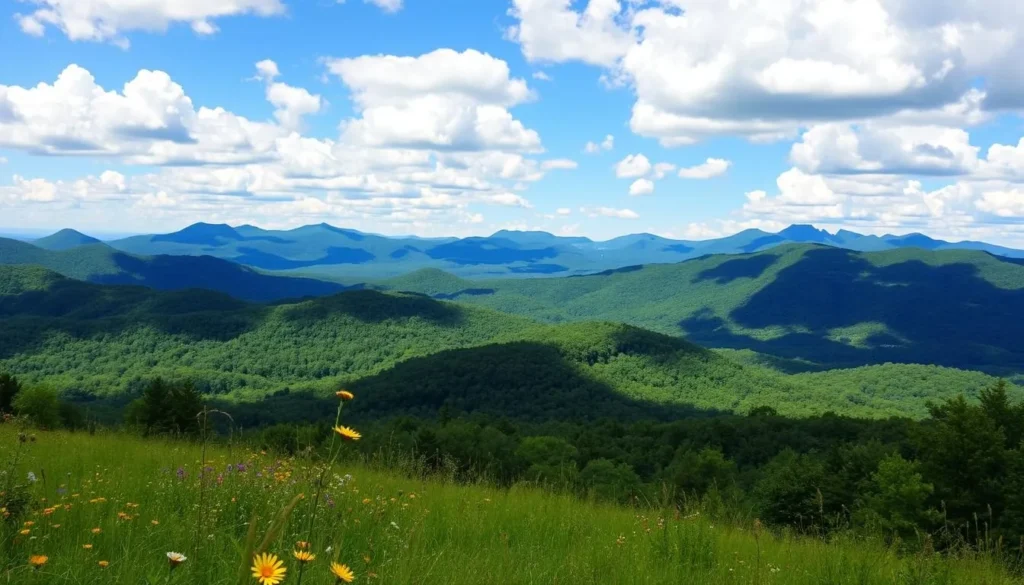 A vast panoramic vista of North Carolina's diverse landscapes. In the foreground, a lush green meadow dotted with vibrant wildflowers sways gently in a warm breeze. The middle ground features rolling hills covered in dense, verdant forests, their canopies dappled with shafts of golden sunlight. Towering in the distance, the majestic Blue Ridge Mountains rise up, their jagged peaks capped with pristine snow. The sky above is a brilliant azure, scattered with fluffy cumulus clouds casting soft shadows across the breathtaking scene. Capture the serene beauty and natural splendor of this quintessential North Carolina landscape.