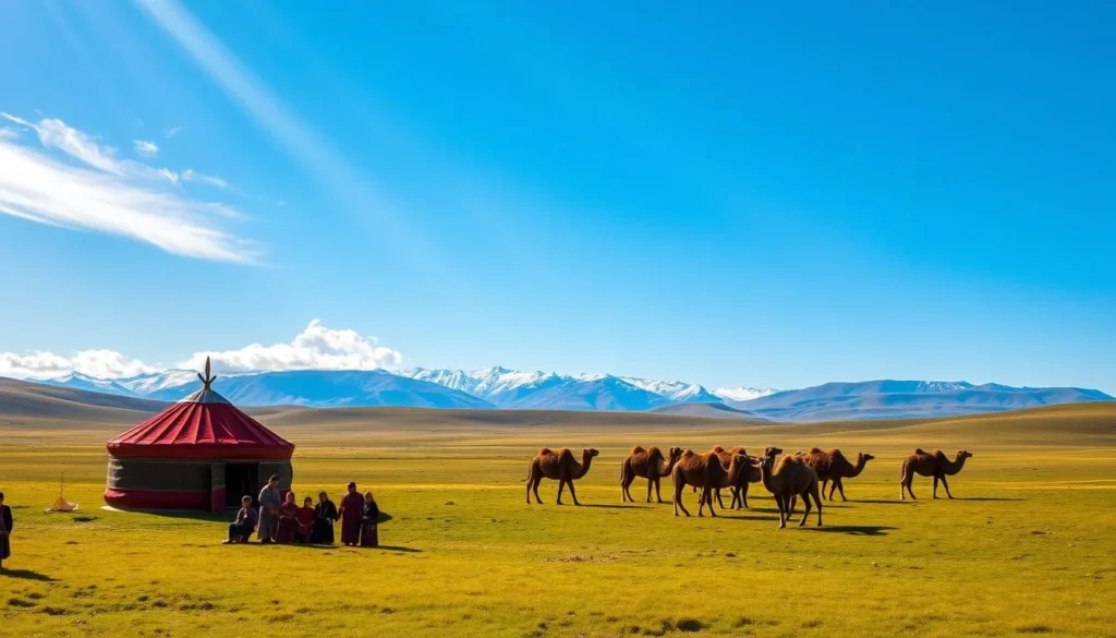 A vast, rolling Mongolian grassland stretches out under a clear, azure sky. In the foreground, a group of nomadic Mongol people gather around a traditional yurt, their colorful, intricately-patterned garments and the vibrant red of the yurt standing in contrast to the lush, verdant landscape. In the middle ground, a herd of hardy, shaggy-coated Bactrian camels grazes peacefully, their distinctive double humps silhouetted against the distant, snow-capped mountains. Shafts of warm, golden light filter through wispy clouds, creating a serene, timeless atmosphere that evokes the essence of Mongolian culture and heritage.