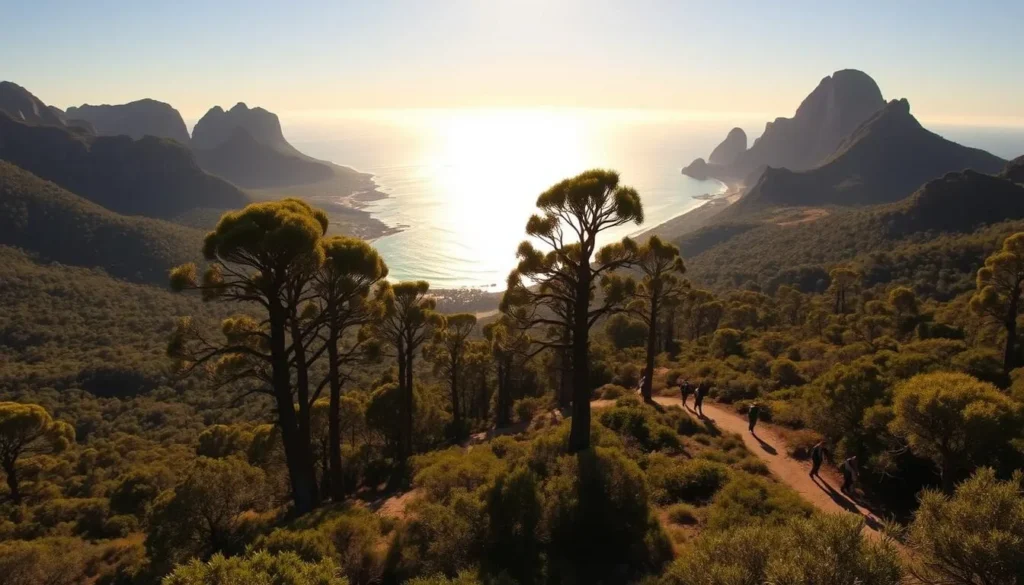 A vast, rugged landscape of granite peaks, lush forests, and pristine beaches at Wilsons Promontory National Park. In the foreground, a group of hikers trekking along a winding trail, taking in the breathtaking vistas. Towering eucalyptus trees line the middle ground, casting dappled shadows on the forest floor. In the distance, the azure waters of the Bass Strait glimmer under a warm, golden sun, framed by the iconic granite outcroppings that give the park its distinctive character. Capture the natural beauty, tranquility, and sense of adventure that defines this iconic Australian wilderness.