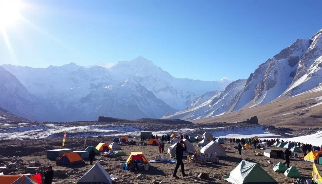 A vast, snow-capped Himalayan landscape, with the iconic peak of Mount Everest towering in the distance. In the foreground, a bustling Everest Base Camp, tents and trekkers dotting the rugged terrain. Sherpas carrying supplies, climbers preparing their gear, and the occasional prayer flag fluttering in the crisp mountain air. Warm sunlight illuminates the scene, casting long shadows and highlighting the breathtaking vistas. A sense of adventure and accomplishment pervades the atmosphere, as mountaineers embark on their challenging ascent towards the summit. The image captures the essence of this legendary base camp, a hub for exploration and the pursuit of personal and physical limits.