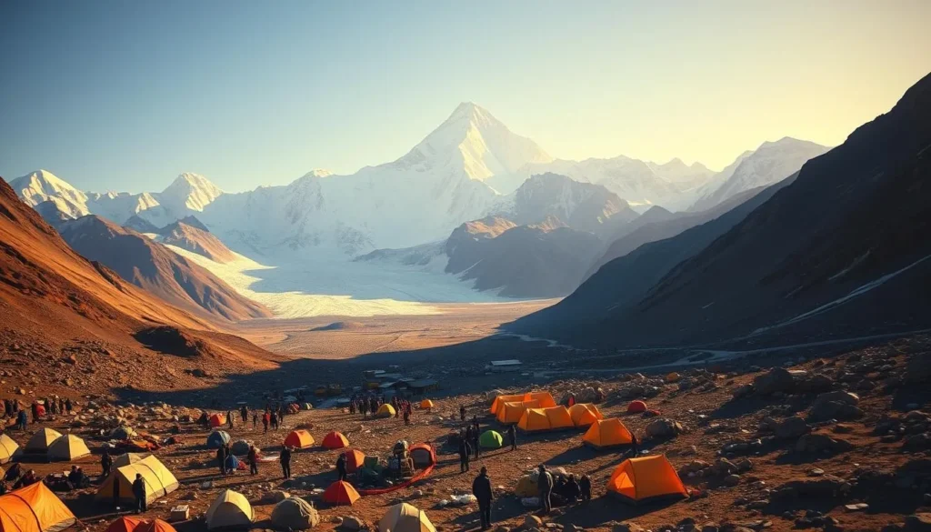 A vast, snow-capped mountain landscape with Everest's majestic peak towering in the distance, surrounded by rugged, rocky terrain. In the foreground, a bustling Everest Base Camp scene, with colorful tents and mountaineering equipment dotting the landscape. Sherpas and trekkers explore the area, taking in the breathtaking views. The scene is bathed in warm, golden sunlight, casting long shadows and creating a sense of awe and adventure. The crisp, clear air and the distant glaciers contribute to the serene, yet exhilarating atmosphere of this iconic Himalayan destination.