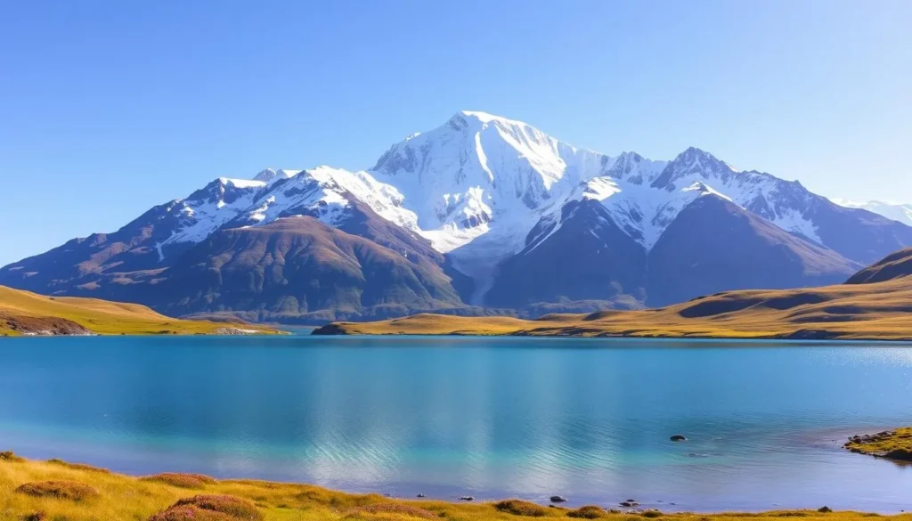 A vast, snow-capped peak dominates the serene landscape of Aoraki Mount Cook National Park. Majestic and imposing, the mountain's rugged slopes rise majestically against a clear, azure sky. In the foreground, a tranquil alpine lake reflects the surrounding peaks and glaciers, its crystalline waters shimmering in the warm sunlight. Lush, verdant meadows and alpine flora dot the gently rolling hills, creating a tapestry of natural beauty. The scene is characterized by a sense of scale and grandeur, conveying the awe-inspiring power and tranquility of this remarkable wilderness. A wide-angle lens captures the full scope of the breathtaking vista, drawing the viewer into the heart of this pristine, untamed landscape.