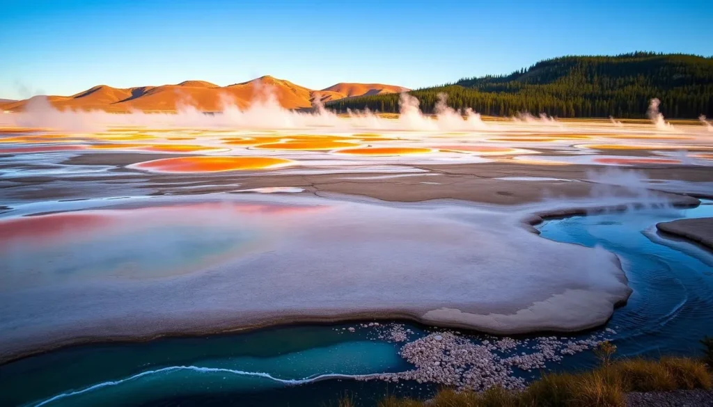 A vast, steaming landscape of Norris Geyser Basin, Yellowstone National Park, Idaho. Vibrant orange and yellow thermal features dot the otherworldly terrain, surrounded by rolling hills and a clear blue sky. Steam rises from the bubbling pools, casting a hazy, ethereal atmosphere. The sun's warm rays illuminate the scene, creating dynamic shadows and highlights that accentuate the unique geological formations. In the foreground, a tranquil stream meanders through the basin, its crystal-clear waters reflecting the breathtaking scenery. The overall mood is one of awe and wonder, capturing the essence of Yellowstone's remarkable thermal features.