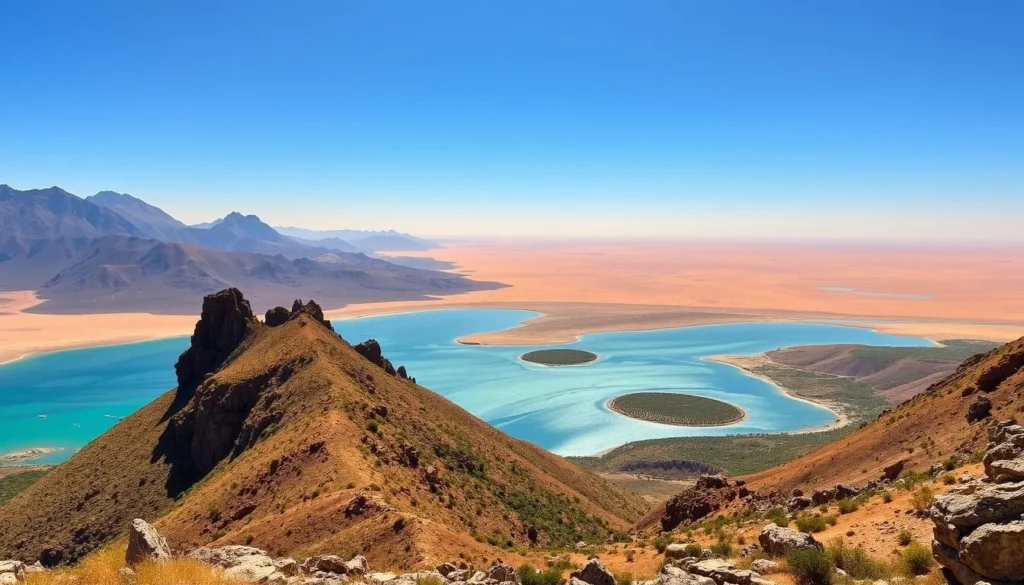 A vast, stunning panoramic landscape of Eritrea's natural wonders. In the foreground, a majestic, rugged mountain range rises up, its jagged peaks reaching towards a clear, azure sky. In the middle ground, a shimmering, turquoise-colored lake reflects the surrounding beauty, its calm waters dotted with small islands and lush, verdant vegetation. In the distance, a vast desert expanse stretches out, its undulating dunes bathed in warm, golden sunlight. The scene is filled with a sense of tranquility and awe-inspiring grandeur, capturing the breathtaking natural beauty that Eritrea has to offer.