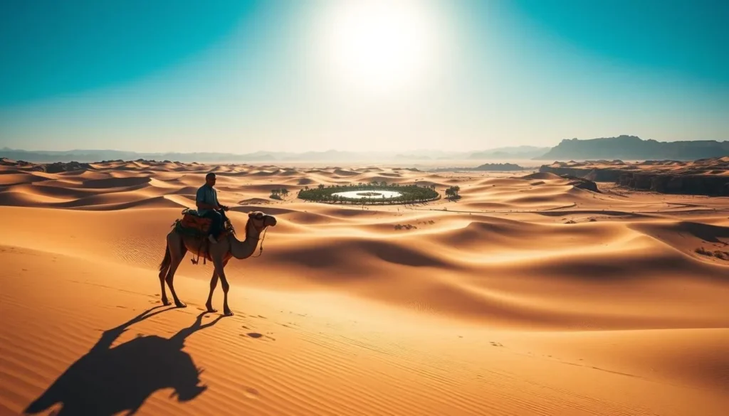 A vast, sun-drenched Saharan landscape, sculpted by wind and time. In the foreground, a lone traveler atop a camel, navigating the undulating dunes, their silhouette framed against a brilliant azure sky. The middle ground reveals a distant mirage-like oasis, its lush palms shimmering in the hazy heat. Shadowed canyons and rocky outcroppings dot the background, hinting at the rugged beauty of the Algerian desert. Warm, golden light bathes the scene, casting dramatic shadows and imbuing the whole with a sense of adventure and tranquility.