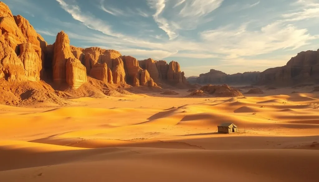 A vast, sun-drenched desert landscape of Wadi Rum, Jordan. Towering sandstone cliffs and rock formations cast long shadows across the golden sand. In the foreground, a lone Bedouin tent nestled among the undulating dunes, hinting at the region's traditional nomadic culture. The clear sky above is painted in soft hues of blue, with wispy clouds drifting overhead. The scene is bathed in warm, directional lighting, creating dramatic contrasts and highlighting the rugged, majestic beauty of this timeless desert environment.