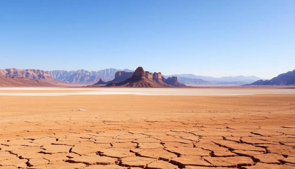 A vast, sun-drenched expanse of rugged terrain stretches before the viewer, the Panamint Range rising majestically in the distance. In the foreground, a dry, undulating landscape of salt flats and cracked earth is bathed in warm, directional light, casting dramatic shadows that accentuate the dramatic contours of the land. In the middle ground, weathered, angular rock formations jut out from the earth, their jagged silhouettes standing in stark contrast against the hazy, azure sky. The overall scene conveys a sense of serene, unspoiled wilderness, inviting the viewer to explore the natural wonders of this iconic California landscape.