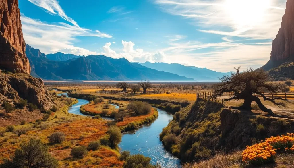 A vast, sun-drenched expanse of rugged terrain, with towering limestone cliffs and rolling hills blanketed in vibrant wildflowers. In the foreground, a winding, crystal-clear river cuts through the landscape, its banks dotted with ancient, twisted oak trees. The midground reveals a sprawling, rustic ranch, its weathered wooden fences and scattered livestock evoking the spirit of the American West. The background is dominated by the majestic silhouettes of distant mountain ranges, their peaks etched against a brilliant azure sky. Warm, golden light filters through wispy clouds, casting a tranquil, serene atmosphere over the entire scene. Capture the timeless beauty and rugged charm of the Lone Star State.