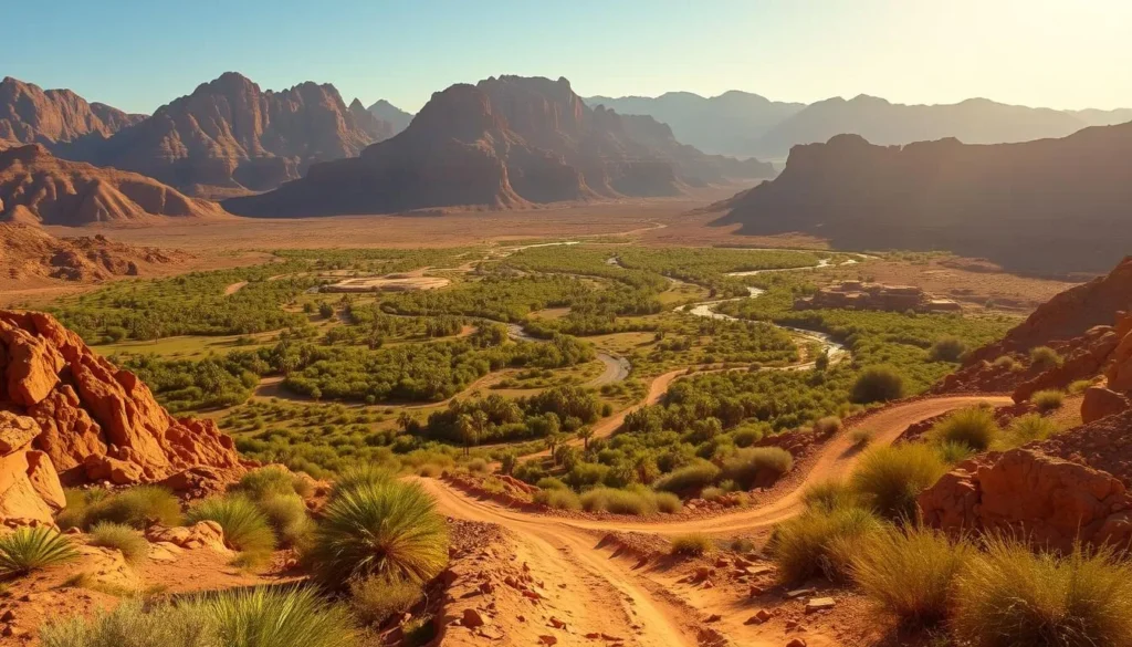 A vast, sun-drenched expanse of rugged, undulating terrain stretches out before the viewer. Towering, jagged peaks and dramatic rock formations rise up in the background, their craggy silhouettes casting long shadows across the landscape. In the middle ground, a sprawling oasis of lush, verdant vegetation, dotted with clusters of date palms and gently flowing streams, offers a tranquil respite from the harsh, arid surroundings. In the foreground, a winding, dusty path meanders through the scene, inviting the viewer to explore the natural wonders of this captivating region. The warm, golden light bathes the entire scene, creating a sense of warmth and serenity, and highlighting the rich, earthy tones of the rocks and the vibrant, verdant hues of the vegetation.