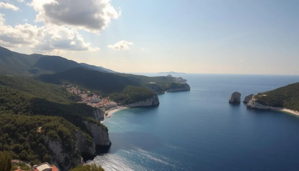 A vast, sun-drenched peninsula nestled in the azure waters of the Aegean Sea. Lush green hills dotted with olive groves and fragrant pine forests rise up from the coast, leading to picturesque fishing villages and secluded coves. Dramatic limestone cliffs plunge into the tranquil sea, their jagged silhouettes casting long shadows across the glistening waves. In the distance, the distinctive three-pronged shape of the Halkidiki peninsula comes into view, its three distinct "fingers" reaching out towards the horizon. A clear sky overhead, fluffy white clouds drifting lazily by, bathing the entire scene in a warm, golden light. Capture the natural beauty and serene atmosphere of this stunning Greek landscape. A vast, sun-drenched peninsula nestled in the azure waters of the Aegean Sea. Lush green hills dotted with olive groves and fragrant pine forests rise up from the coast, leading to picturesque fishing villages and secluded coves. Dramatic limestone cliffs plunge into the tranquil sea, their jagged silhouettes casting long shadows across the glistening waves. In the distance, the distinctive three-pronged shape of the Halkidiki peninsula comes into view, its three distinct "fingers" reaching out towards the horizon. A clear sky overhead, fluffy white clouds drifting lazily by, bathing the entire scene in a warm, golden light. Capture the natural beauty and serene atmosphere of this stunning Greek landscape.