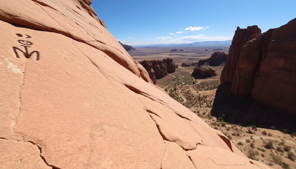 A vast, sun-drenched rock face, adorned with ancient petroglyphs carved by the ancestral Puebloan people. The foreground showcases intricate, abstract designs etched into the weathered sandstone, casting subtle shadows across the uneven surface. In the middle ground, rugged cliffs and towering formations loom, casting dramatic shadows across the scene. The background is a panoramic vista of the serene, arid landscape of Dinosaur National Monument, with rolling hills and distant plateaus under a bright, cloudless sky. The overall mood is one of reverence and wonder, inviting the viewer to contemplate the timeless connection between humanity and this sacred place.