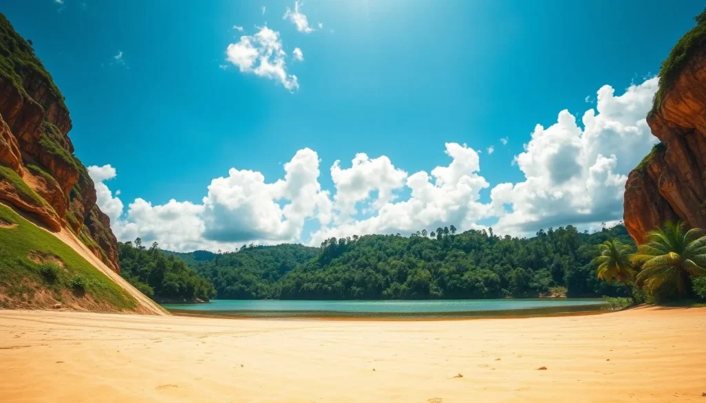A vast, sun-drenched sandy beach stretches across the foreground, flanked by towering, verdant sand dunes on the left and right. In the middle ground, a crystal-clear freshwater lake shimmers, surrounded by lush, dense rainforest. Overhead, a brilliant azure sky is dotted with fluffy white clouds, casting a warm, natural glow over the entire scene. In the background, the distinctive silhouettes of tall, ancient-looking trees emerge from the forest canopy. The overall mood is one of tranquility, wonder, and the awe-inspiring beauty of nature.