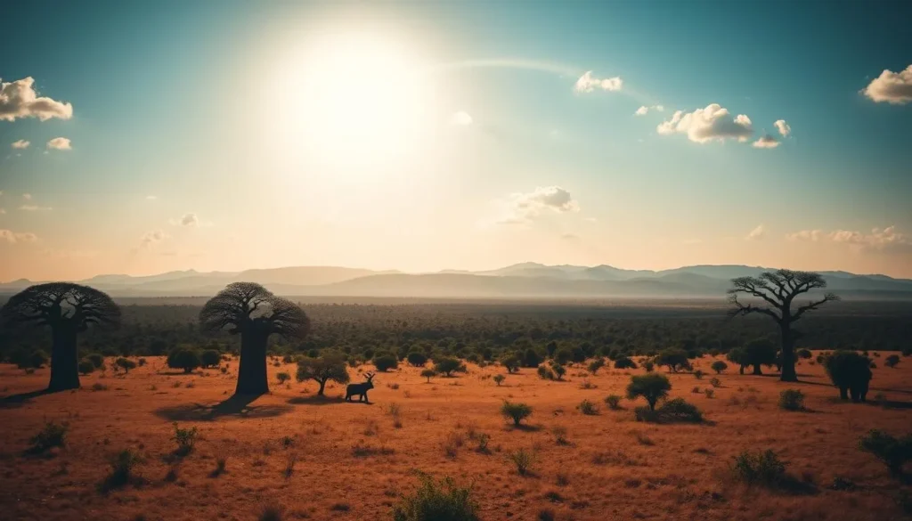A vast, sun-drenched savanna stretches out, dotted with towering baobab trees casting long shadows. In the middle distance, undulating hills are cloaked in a tapestry of lush, verdant vegetation. The horizon is framed by distant, hazy mountains, their peaks catching the warm, golden light. A crystalline blue sky arches overhead, puffy white clouds drifting lazily. The scene radiates a sense of tranquility and timelessness, inviting the viewer to immerse themselves in the beauty of Chad's untamed, captivating landscape.