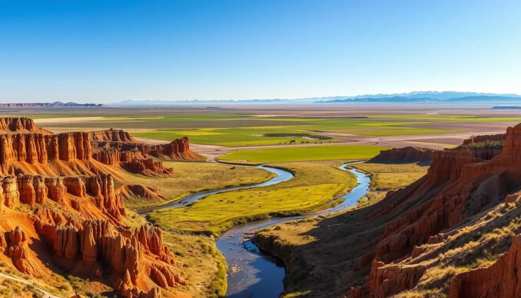 A vast, sweeping landscape of Dinosaur Provincial Park, Alberta, under a clear azure sky. In the foreground, a meandering river winds through the rugged, ochre-colored badlands, dotted with towering hoodoos and ancient fossils. The middle ground reveals lush, verdant grasslands, punctuated by the silhouettes of prehistoric creatures grazing peacefully. In the distance, the horizon is framed by rolling hills and distant, snow-capped peaks, creating a sense of majestic grandeur. The scene is bathed in warm, golden sunlight, casting long shadows and imbuing the environment with a serene, timeless quality. This image captures the essence of Dinosaur Provincial Park's captivating natural beauty and the awe-inspiring remnants of a bygone era.