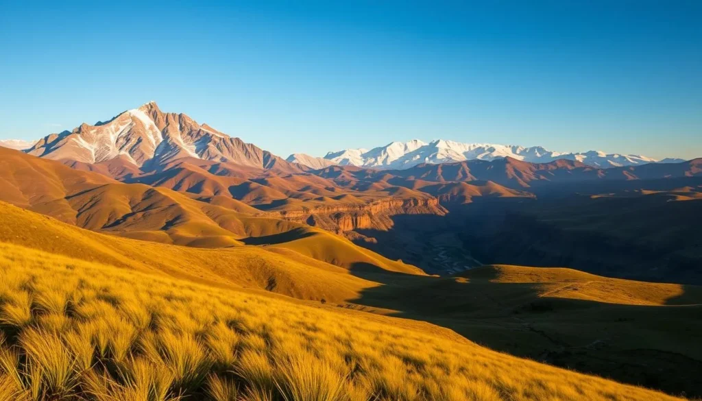 A vast, unspoiled landscape of Kazakhstan's remote regions, bathed in warm, golden light. In the foreground, rolling hills covered in lush, verdant grasses sway gently in the breeze. Towering, snow-capped peaks pierce the azure sky in the middle distance, their jagged silhouettes casting long shadows across the scene. In the background, mysterious canyons and ravines carve through the rugged terrain, inviting exploration. The atmosphere is one of serene, untamed beauty, conveying a sense of isolation and tranquility far from the beaten path.