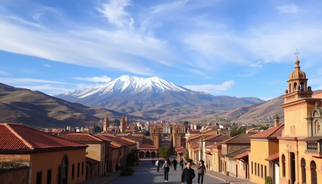 A vibrant Andean landscape under a clear sky, the snow-capped peaks of Cerro Rico towering in the distance. In the foreground, the historic city of Potosí nestled among rolling hills, its colonial architecture bathed in warm, golden light. Wispy clouds drift overhead, casting gentle shadows over the terracotta rooftops and cobblestone streets. In the middle ground, locals and tourists stroll leisurely, capturing the essence of a pleasant, temperate day in this high-altitude Bolivian city. The scene exudes a sense of tranquility and timelessness, inviting the viewer to imagine the rhythms of daily life in this UNESCO World Heritage Site.