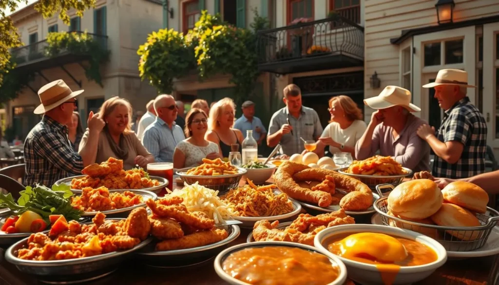 A vibrant Cajun culinary experience set against the backdrop of a sun-drenched Louisiana afternoon. In the foreground, a table overflows with a bounty of regional specialties - sizzling jambalaya, crisp fried catfish, fragrant gumbo, and fluffy biscuits dripping with honey. In the middle ground, friendly locals gather, sharing lively conversation and the contagious energy of the bayou. The background depicts the weathered facades of historic buildings, their wrought-iron balconies and lush foliage creating a charming, atmospheric setting. Warm, golden lighting filters through the scene, evoking the welcoming, convivial spirit of Cajun culture and cuisine.