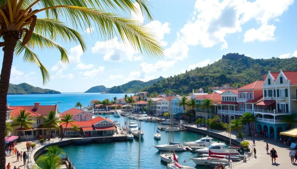 A vibrant Caribbean harbor town nestled between rolling green hills and azure waters. Charming colonial architecture lines the bustling waterfront promenade, with red-roofed buildings, colorful facades, and wrought-iron balconies. Palm trees sway gently in the tropical breeze. Sunlight dances across the picturesque harbor, where sailboats and yachts bob peacefully. Pedestrians stroll along the lively streets, soaking in the laidback island atmosphere. In the distance, the iconic St. Thomas skyline rises, with the distinctive silhouette of Blackbeard's Castle overlooking the town. An enchanting Caribbean gem, brimming with history, culture, and natural beauty.