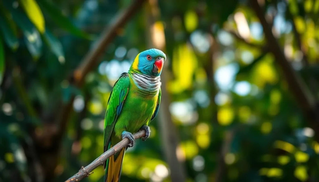 A vibrant Cayman Brac parrot perched on a lush, verdant branch, its vivid green and blue plumage shimmering in the warm, natural lighting. The bird's intelligent gaze and elegant posture command attention, conveying a sense of tranquility and harmony within the island's tropical paradise. In the background, a blurred, sun-dappled forest frames the scene, creating a serene, immersive atmosphere that transports the viewer to the heart of Cayman Brac's captivating natural beauty.