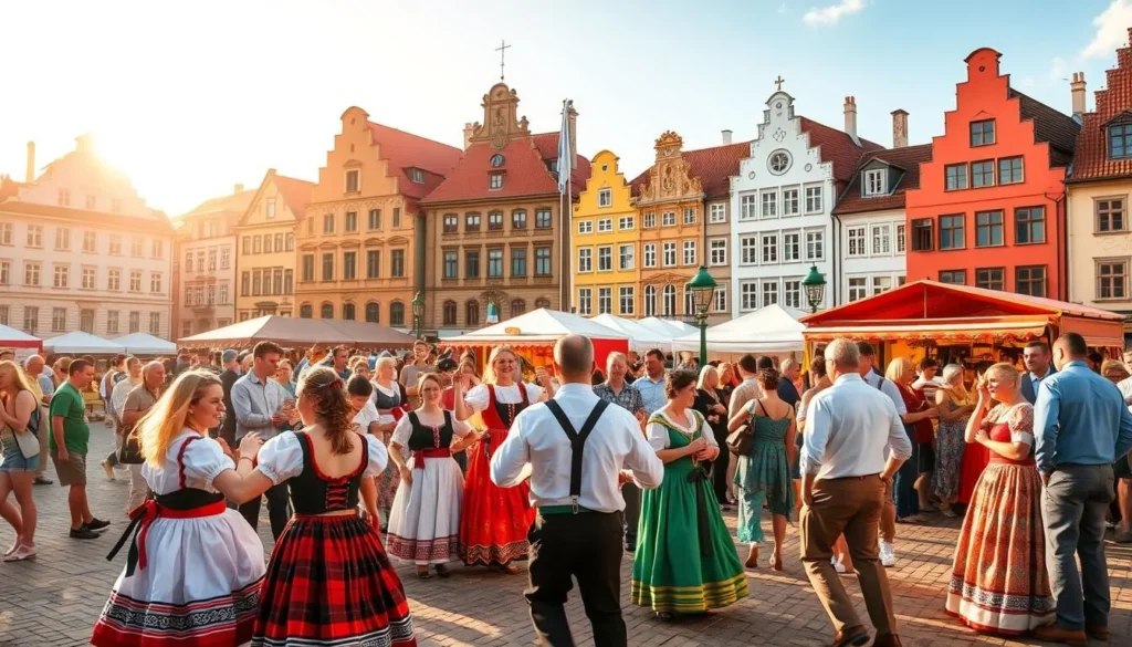 A vibrant Estonian festival scene unfolds, with people gathered in a picturesque town square. In the foreground, locals in traditional dress dance to lively folk music, their colorful costumes swaying in the gentle breeze. In the middle ground, artisanal food stalls offer an array of local delicacies, their aromas wafting through the air. In the background, historic buildings with ornate facades provide a stunning backdrop, bathed in the warm glow of the afternoon sun. The atmosphere is one of celebration, community, and cultural immersion, inviting visitors to fully immerse themselves in the richness of Estonian heritage.