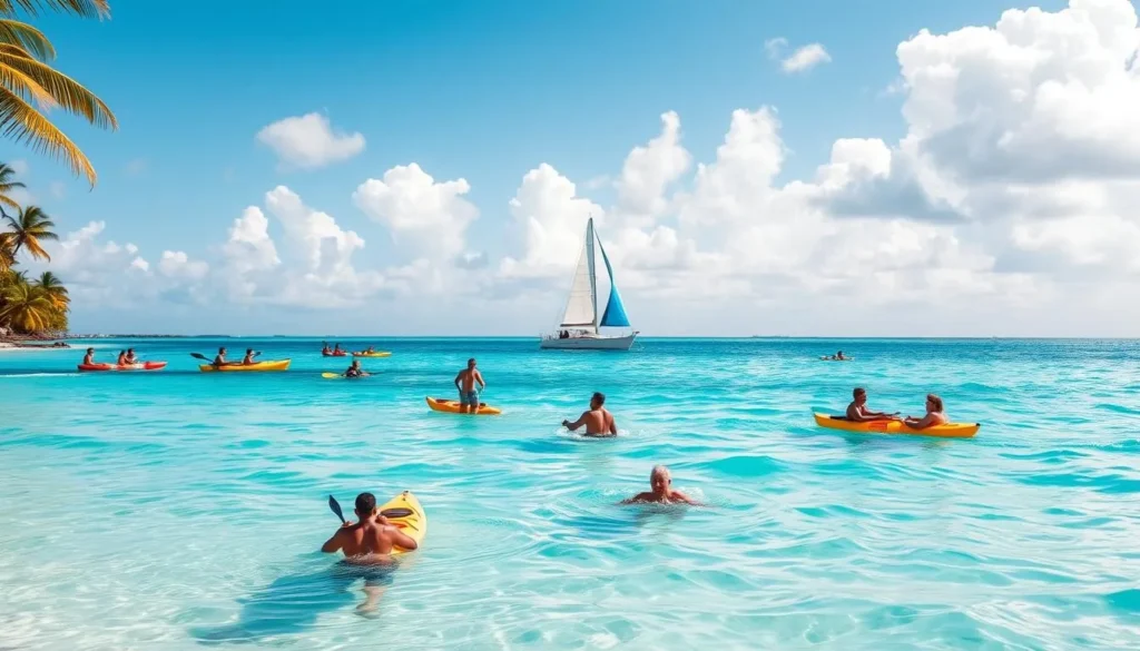 A vibrant Haitian beach scene with crystal-clear turquoise waters and swaying palm trees. In the foreground, people engage in various water activities - some kayaking across the calm waves, others snorkeling to explore the colorful coral reefs below. In the middle ground, a group of friends laugh and splash around in the shallow, sun-dappled waters. Further out, a sailboat glides effortlessly, its white sails billowing in the gentle breeze. The sky is a brilliant azure, with fluffy white clouds casting soft shadows on the rippling surface. The overall mood is one of carefree adventure and serene tranquility, capturing the essence of Haiti's vibrant coastal experiences.