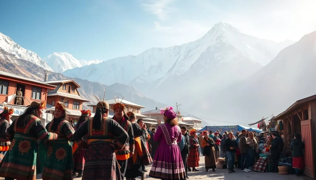 A vibrant Himalayan village nestled among snow-capped peaks, where Sherpas gather in colorful traditional attire. In the foreground, a group of Sherpas engage in a ceremonial dance, their intricate woven garments and ornate headdresses reflecting the rich cultural heritage. The middle ground showcases a bustling market, with artisans and vendors selling handcrafted textiles, wooden carvings, and local produce. In the background, the majestic Himalayas loom, their towering presence a testament to the resilience and adaptability of the Sherpa people. Soft natural lighting filters through the crisp mountain air, casting a warm, ethereal glow over the entire scene.