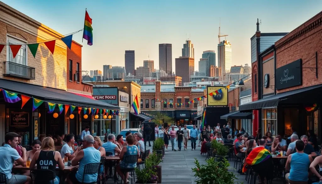 A vibrant, LGBTQ+-inclusive scene in the heart of Little Rock, Arkansas. In the foreground, a lively outdoor cafe with rainbow flags and pride decorations, people enjoying drinks and conversation. In the middle ground, an eclectic mix of boutiques, galleries, and music venues, their facades adorned with rainbow-hued accents. The background showcases the city's skyline, a blend of modern high-rises and historic architecture bathed in warm, golden afternoon light. The overall atmosphere is one of acceptance, diversity, and a thriving LGBTQ+ community.