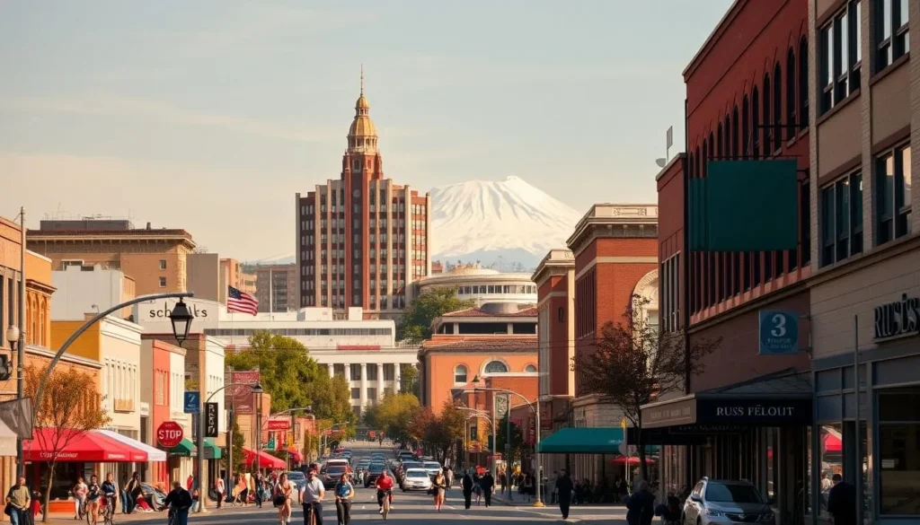 A vibrant Tacoma cityscape on a sunny day, the iconic Rusts Building and Stadium High School visible in the middle ground, their distinctive architectural styles contrasting against the backdrop of the towering Mount Rainier. In the foreground, lively streets teeming with pedestrians and cyclists, bustling with local shops and cafes. Warm, diffused lighting casts a golden glow over the scene, highlighting the city's unique character and charm. The composition captures Tacoma's blend of historic charm and modern vibrancy, inviting the viewer to explore and discover this captivating Pacific Northwest destination.