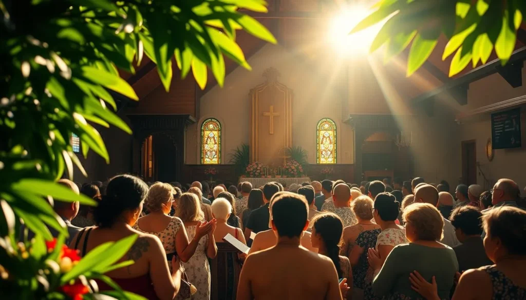 A vibrant Tongan church service unfolds in the warm sunlight. The lush green foliage frames the quaint, traditional church structure, its ornate wooden carvings and stained-glass windows glowing. Inside, the congregation sings soulful hymns, their harmonious voices filling the air. Worshippers kneel in prayer, their faces serene. The altar is adorned with vibrant flowers and elegant tapestries. Sunlight streams through the windows, casting a soft, reverent glow. The atmosphere is one of deep spiritual connection, the faithful gathered in joyful celebration of their faith.