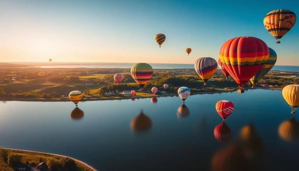 A vibrant aerial scene at the Chesapeake Bay Balloon Festival. In the foreground, a cluster of colorful hot air balloons lift gracefully into a clear azure sky, their reflections rippling across the still waters below. In the middle ground, a lush green landscape dotted with rolling hills and quaint buildings, while the distant horizon is framed by the majestic Chesapeake Bay. Warm, golden sunlight bathes the entire scene, creating a serene and celebratory atmosphere. The image is captured with a wide-angle lens, conveying a sense of expansive wonder and joy at this cherished seasonal event.