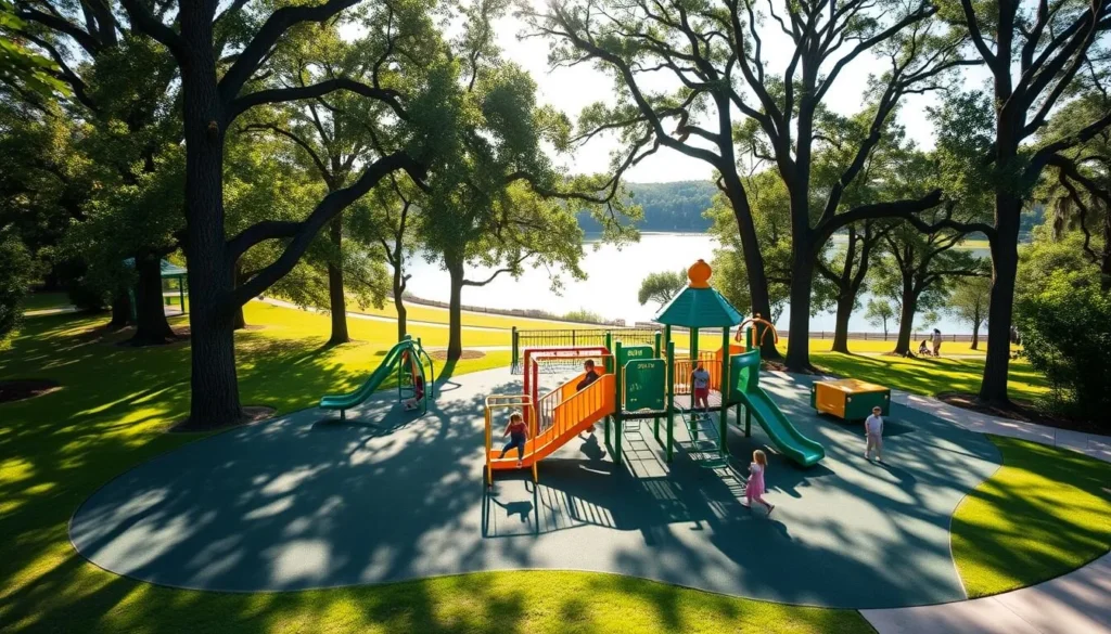 A vibrant all-inclusive playground nestled within the lush greenery of Fontainebleau State Park, Louisiana. Sunlight dapples through the towering trees, casting a warm glow on the colorful play structures. Children of all abilities joyfully navigate the accessible ramps, slides, and swings, their laughter echoing through the tranquil setting. In the background, a serene lake reflects the picturesque landscape, inviting families to explore the natural wonders beyond the playground. This idyllic scene captures the perfect blend of outdoor recreation and inclusive design, catering to the diverse needs of visitors to Fontainebleau State Park.