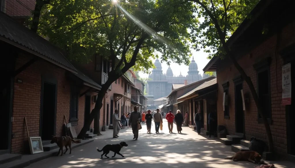A vibrant ancient street in Panauti, Nepal, with traditional brick and stone buildings lining the path. Sunlight filters through the canopy of trees overhead, casting a warm glow on the weathered facades. Locals stroll leisurely, carrying baskets and chatting, while stray dogs lounge in the shade. In the distance, the pointed roofs of ancient temples and shrines peek out, hinting at the rich cultural heritage of this enchanting town. The scene exudes a timeless, unhurried atmosphere, inviting the viewer to slow down and soak in the timeless charm of Panauti's historic core.