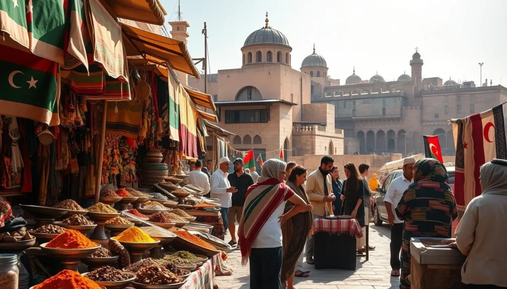 A vibrant and immersive scene of Libyan culture, capturing the essence of the country's rich heritage. In the foreground, a bustling marketplace with vendors selling an array of colorful spices, textiles, and handcrafted goods. In the middle ground, a group of locals engaged in lively conversation, sharing a traditional Libyan meal. The background features the iconic architecture of a historic city, with domed roofs and intricate arches. Warm sunlight bathes the scene, creating a welcoming and inviting atmosphere. The image conveys the warmth, hospitality, and vibrant cultural traditions that define the Libyan experience.