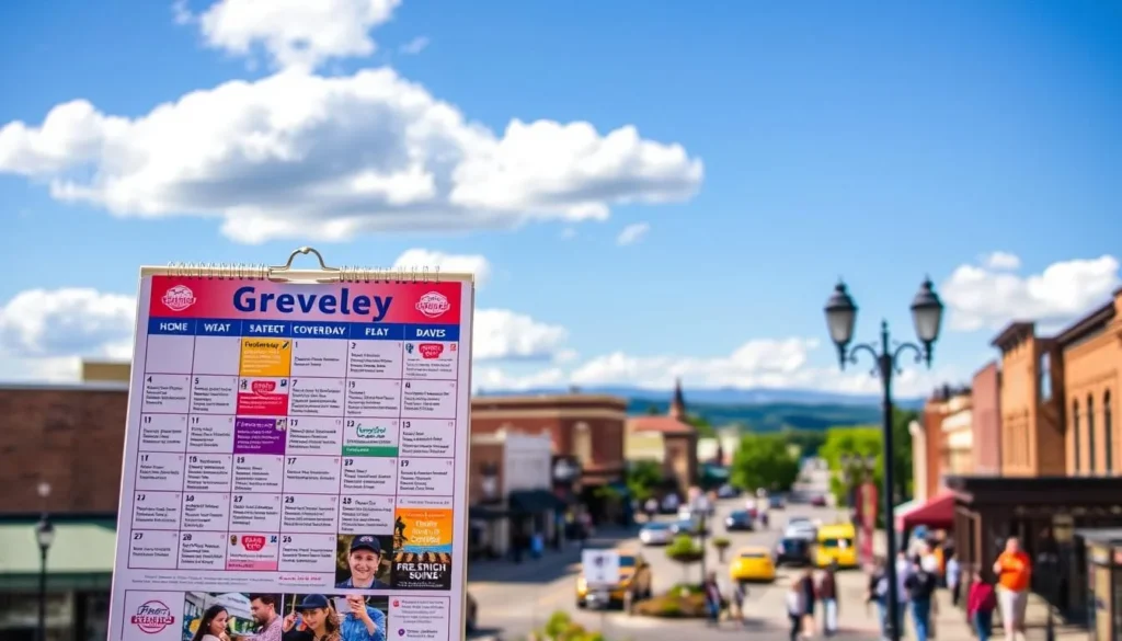 A vibrant and informative Greeley, Colorado events calendar displayed against a backdrop of a picturesque downtown scene. The calendar showcases a variety of local happenings, from lively festivals and concerts to family-friendly activities and community gatherings. The foreground features the calendar in a clean, modern design, while the middle ground captures the charming architecture and bustling streets of Greeley's city center. In the background, a clear blue sky with fluffy white clouds sets the tone for a pleasant, inviting atmosphere. The lighting is natural and warm, highlighting the vibrancy of the scene. The overall composition conveys the sense of a thriving, dynamic community with plenty of opportunities for visitors to immerse themselves in the local culture and events.