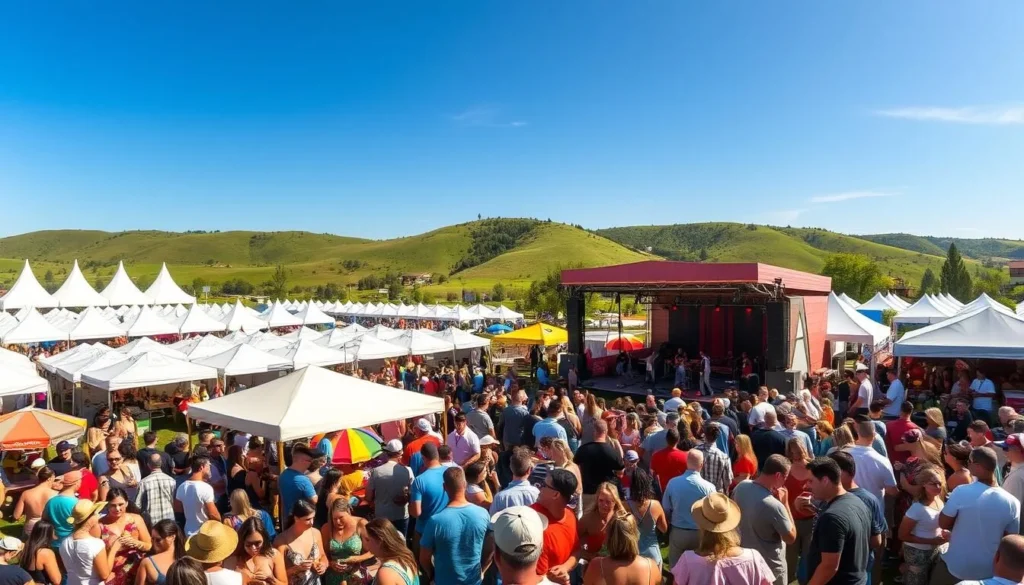 A vibrant and lively scene of a summer festival in Temecula, California. In the foreground, crowds of people gathered around colorful food stalls, tasting local delicacies and sipping craft beers. In the middle ground, a stage comes alive with a live band playing upbeat music, their energy pulsing through the crowd. In the background, rows of white tents showcase artisanal crafts and local vendors, while lush green hills and a clear blue sky provide a picturesque backdrop. The warm, golden sunlight casts a gentle glow over the entire scene, creating a welcoming and festive atmosphere. Captured with a wide-angle lens to showcase the vibrant energy and scope of the event.
