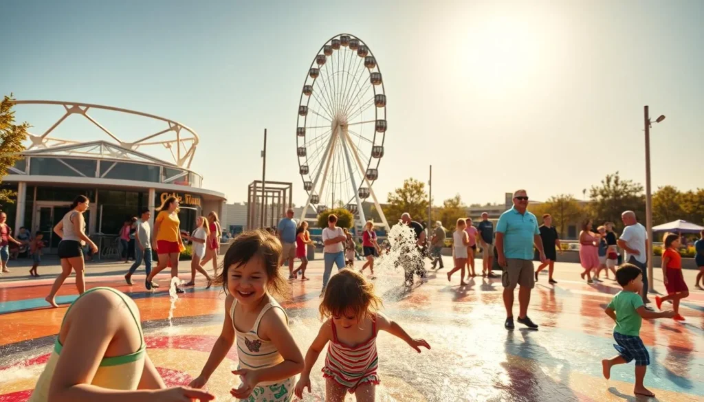 A vibrant and lively scene of family attractions in Plano, Texas, captured on a bright, sunlit day. In the foreground, children play on a colorful splash pad, their laughter and delight filling the air. In the middle ground, families explore an interactive science museum, captivated by hands-on exhibits. In the background, a towering Ferris wheel stands tall, its gondolas carrying visitors to panoramic views of the city. The scene is bathed in warm, golden light, creating a sense of joy and excitement. The overall atmosphere conveys the perfect blend of educational and recreational activities that make Plano a premier destination for families.